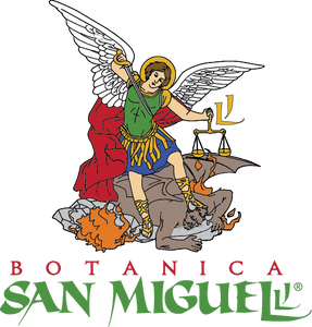 Traditional image of archangel San Miguel standing over the devil with wings spread and sword in one hand and scale in the other. Font beneath image is "Botanica" in red font centered and below this is San Miguel in green font.