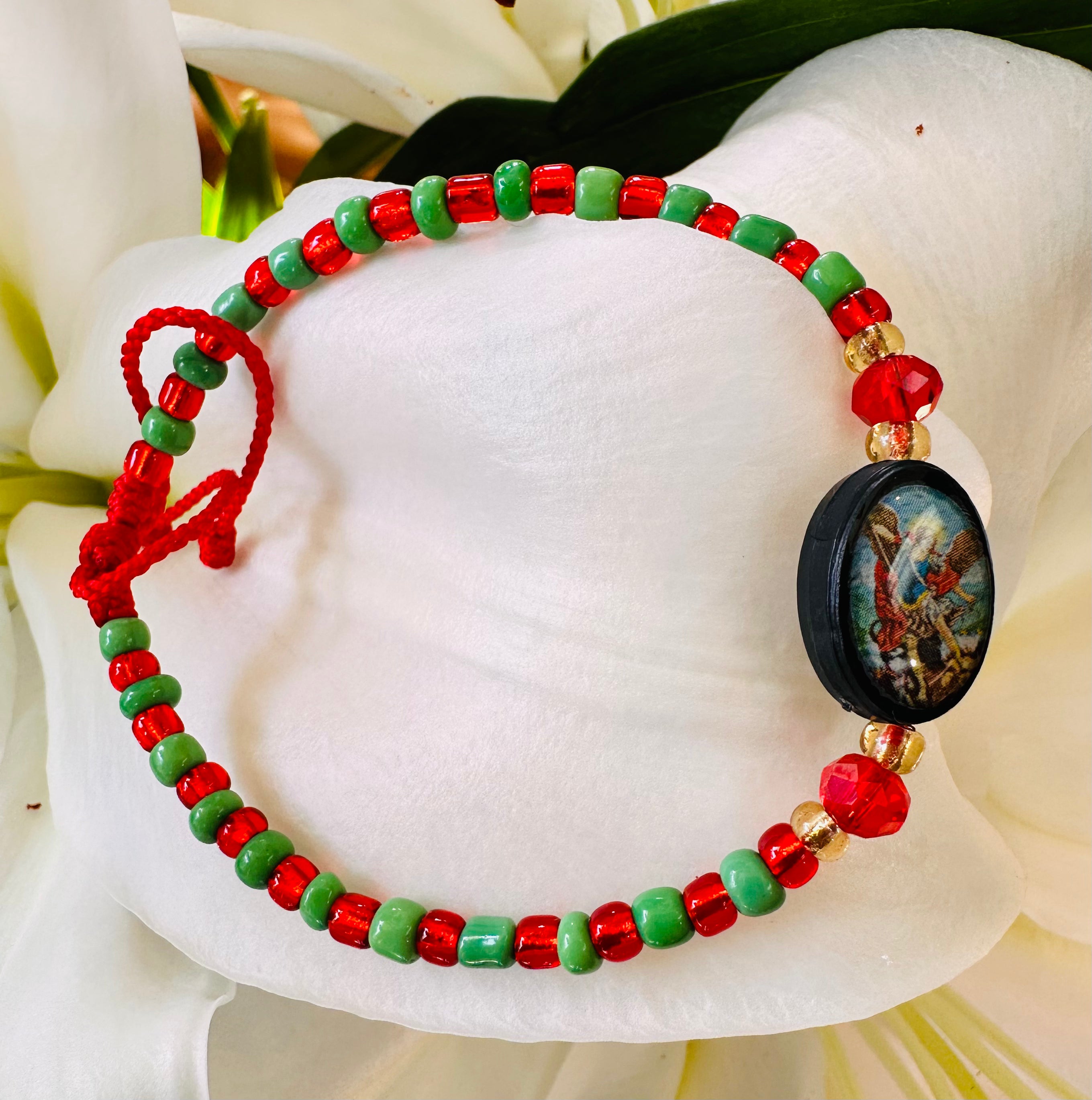 Red and Green Beaded Saint Michael Bracelet Botanica San Miguel