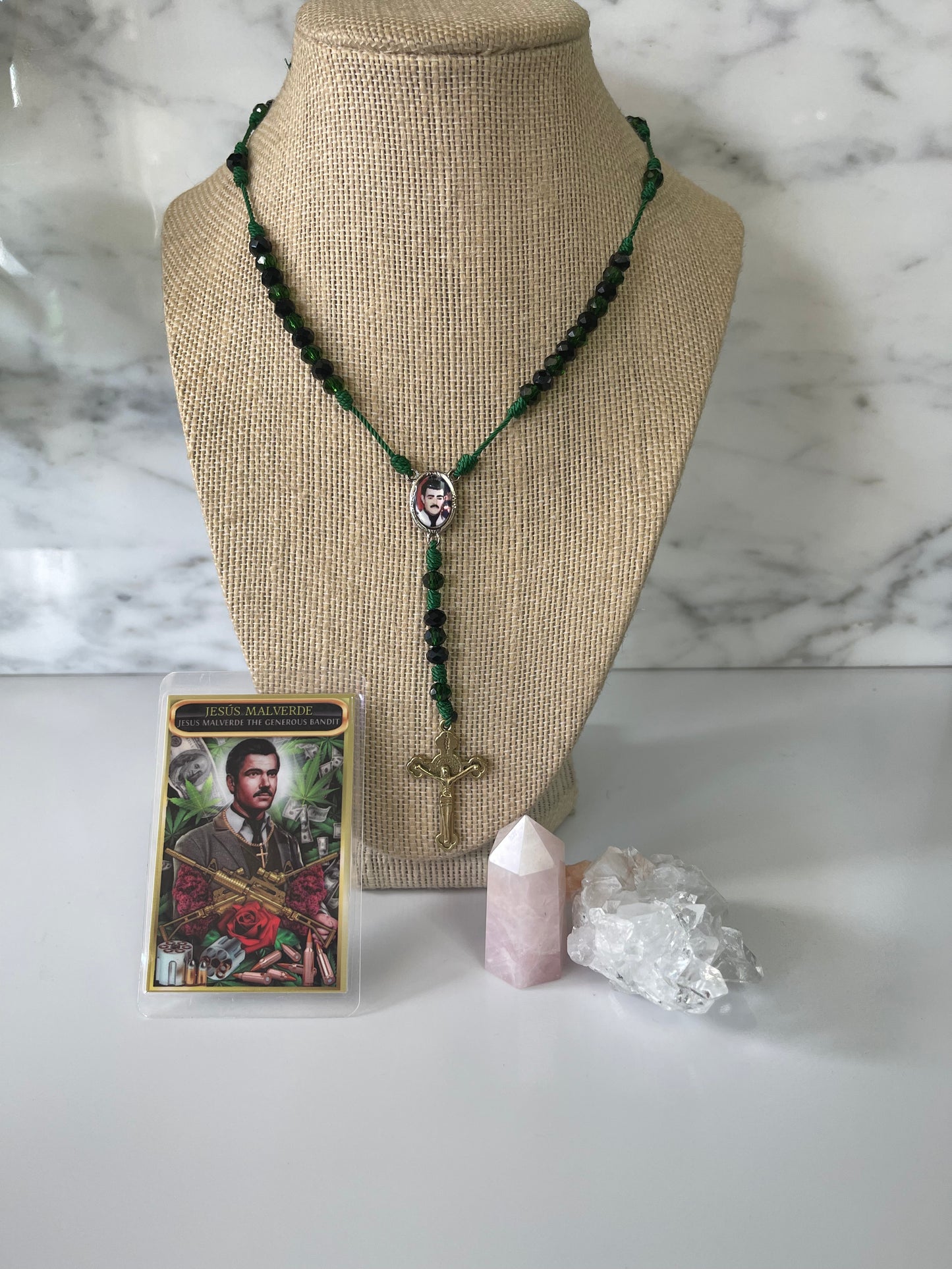 Jesus Malverde Green And Black Rosary