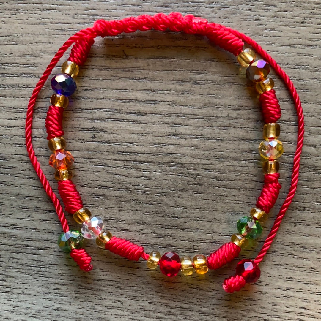 Red Bracelet With Multi Color Glass Beads
