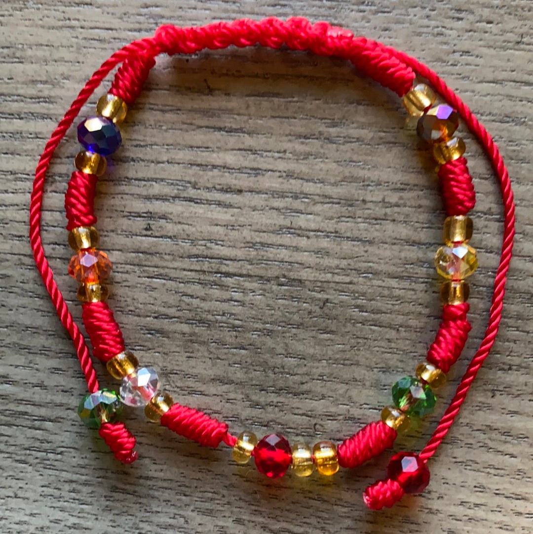 Red Bracelet With Multi Color Glass Beads