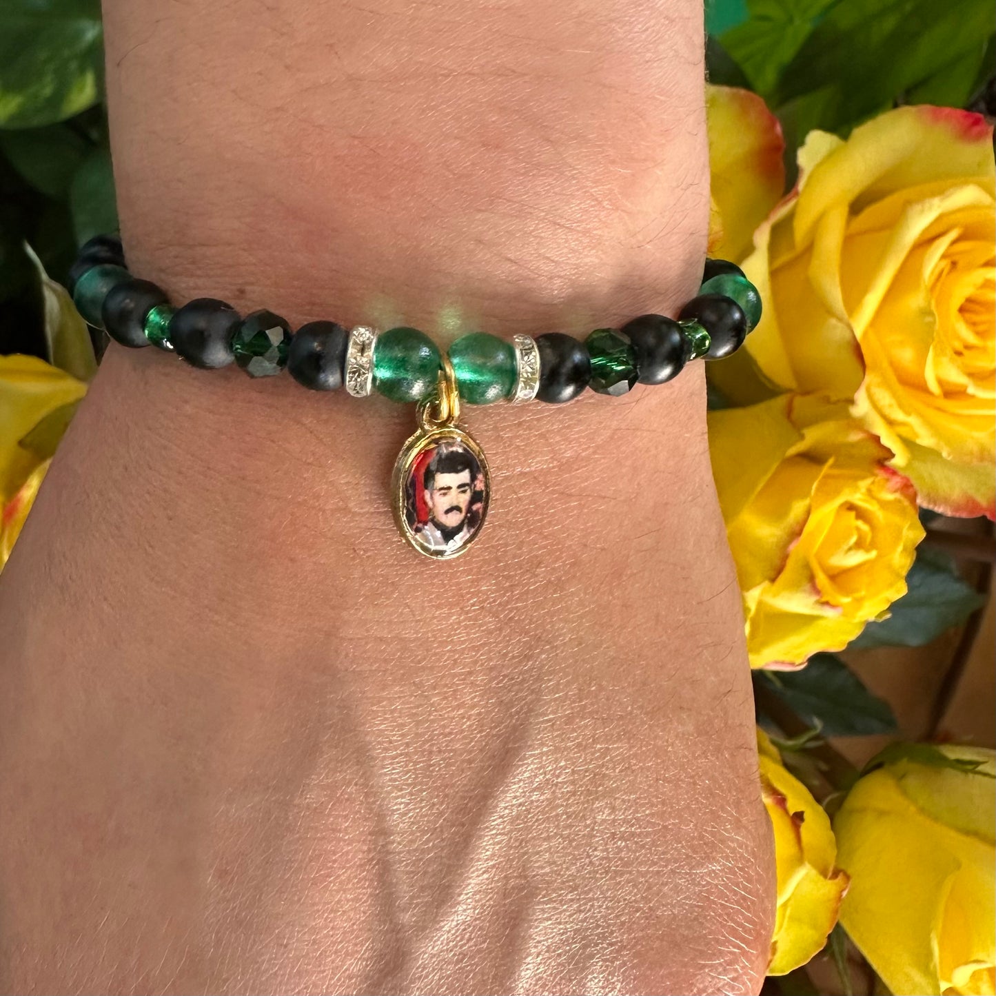 Jesus Malverde Green And Black Bracelet