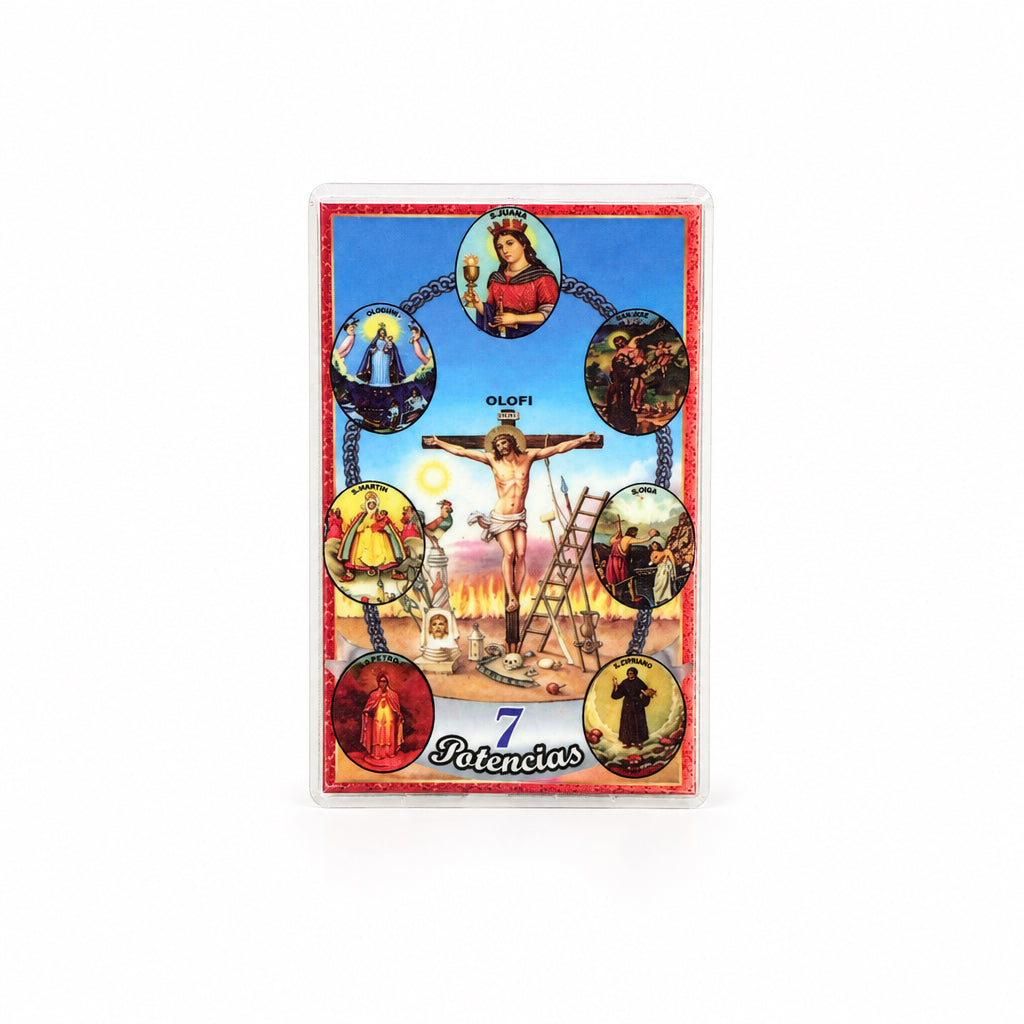 A small rectangular printed card or box with a colorful illustration of a crucifix scene and the word "Libertador" at the bottom, standing upright on a white surface tabletop with a white bakground 