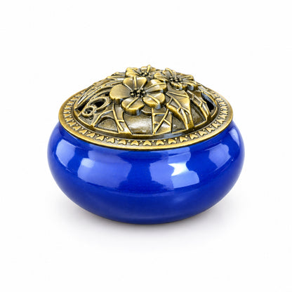 Royal Blue Ceramic Incense Burner 3.75” | Bowl with Lid | Charcoal Incense Burner | Fireproof Felt Pad Included |