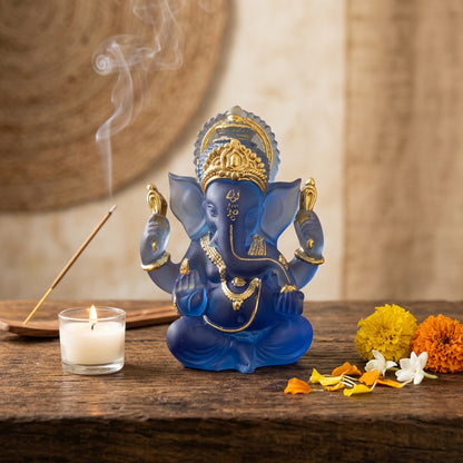 Ganesh Statue – Blue Resin with Gold Accents – 5"H x 4"L Decorative Figurine