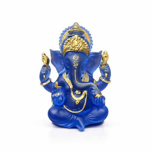Ganesh Statue – Blue Resin with Gold Accents – 5"H x 4"L Decorative Figurine
