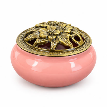 Burgundy Pink Ceramic Incense Burner 3.75” | Bowl with Lid | Charcoal Incense Burner | Fireproof Felt Pad Included