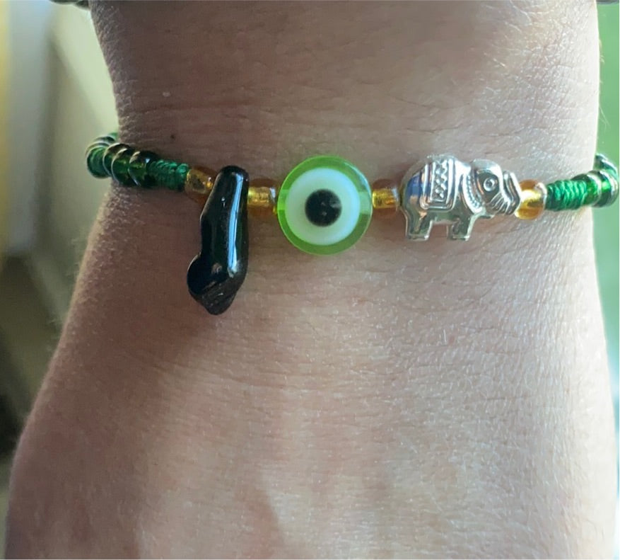 Green Bracelet With Black Azabache and Evil Eye