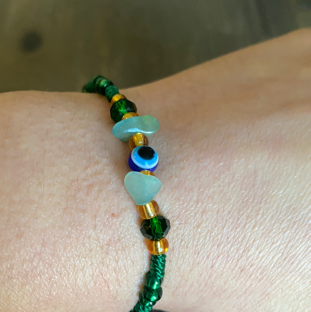 Green Bracelet With Aventurine Crystal and Evil Eye