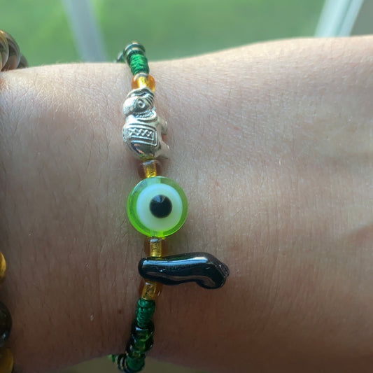 Green Bracelet With Black Azabache and Evil Eye