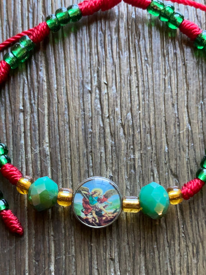 Saint Michael Red and Green Beaded Bracelet