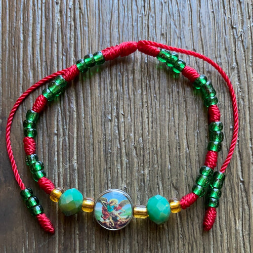 Saint Michael Red and Green Beaded Bracelet