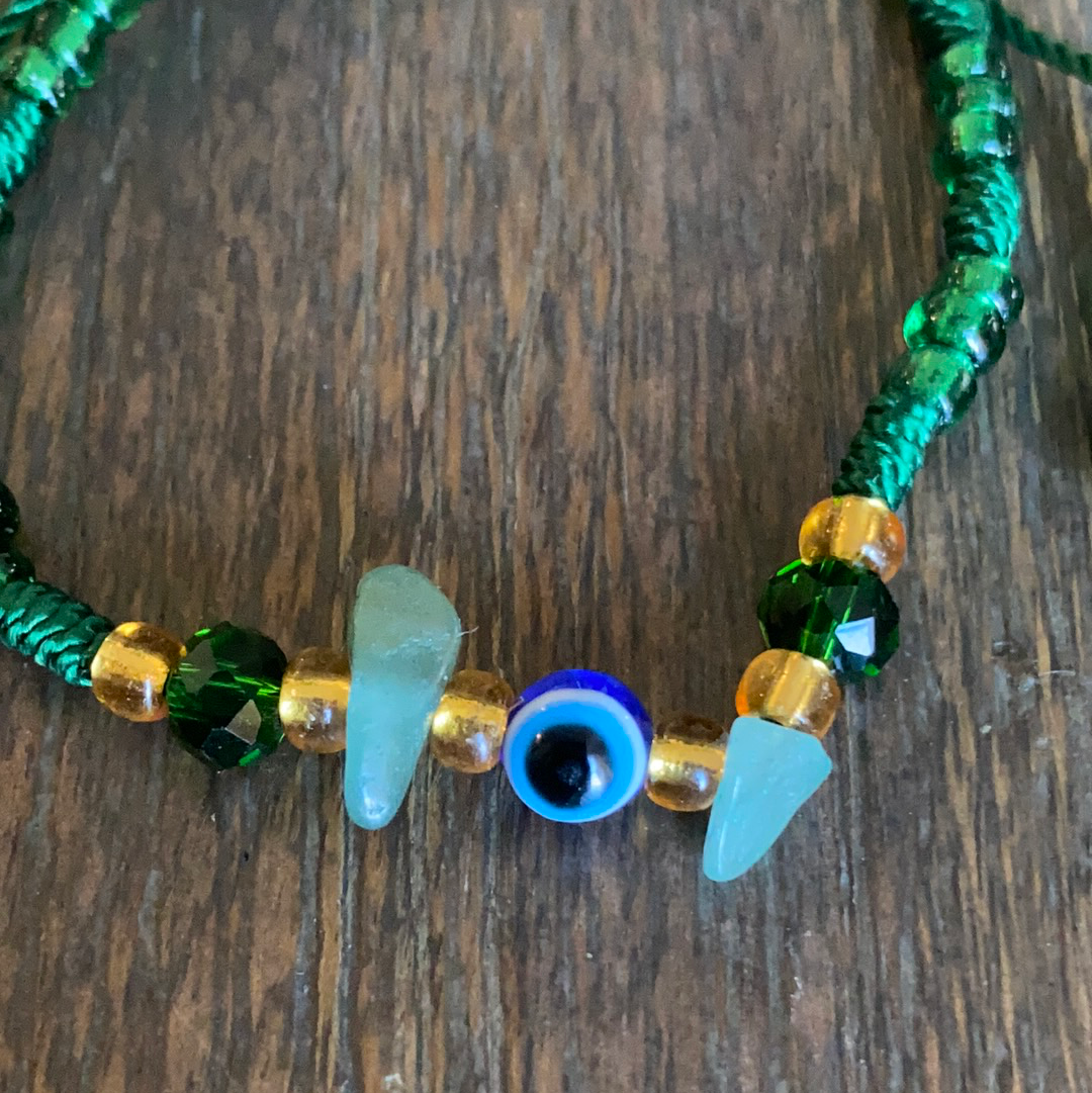 Green Bracelet With Aventurine Crystal and Evil Eye